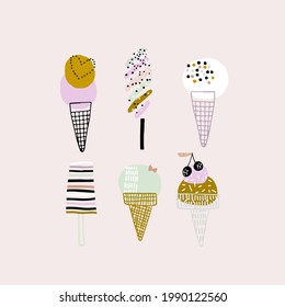 Creative hand drawn ice cream set. Vector summer background. great for poster, stickers, apparel design