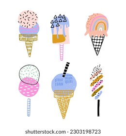 Creative hand drawn ice cream set. Vector summer background. great for poster, stickers, apparel design