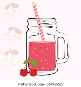 Creative hand drawn illustration of cherry smoothie in glass with straw. Vector illustration. Detox water and drinks. Detox and healthy life.