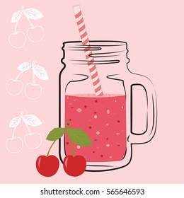 Creative hand drawn illustration of cherry smoothie in glass with straw. Vector illustration. Detox water and drinks. Detox and healthy life.
