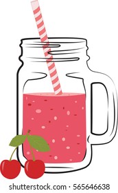 Creative hand drawn illustration of cherry smoothie in glass with straw. Vector illustration. Detox water and drinks. Detox and healthy life.