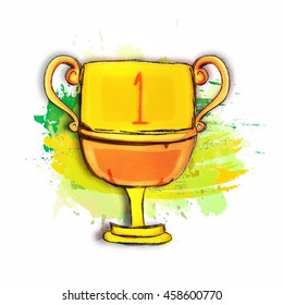 Creative hand drawn illustration of Golden Winner Cup on abstract background for Sports concept.