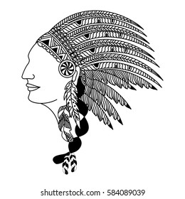 Creative hand drawn illustration of human face in feathers War Bonnet.
