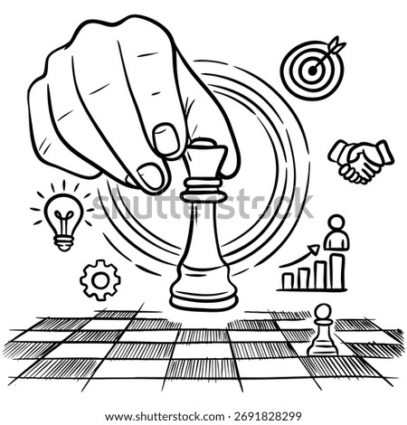 Creative hand drawn illustration showing a hand moving a chess piece symbolizing business strategy, planning, leadership, and decision making.