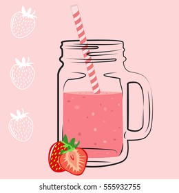 Creative hand drawn illustration of strawberries smoothie in glass with straw. Vector illustration used for banner, poster, bar, cafe or restaurant menu.