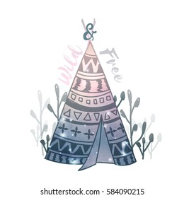 Creative hand drawn illustration of a Teepee or Wigwam in Boho style.