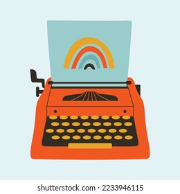 Creative hand drawn illustration with 
typewriter and sheet with print of rainbow. Love for retro, analogue, vintage, 60s concept. Office objects, manual typewriter in modern flat style.