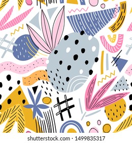 Creative hand drawn kids seamless pattern for print, textile, wallpaper. Modern abstract leaves background.
