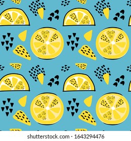 Creative hand drawn lemon seamless pattern. Summer design, vector