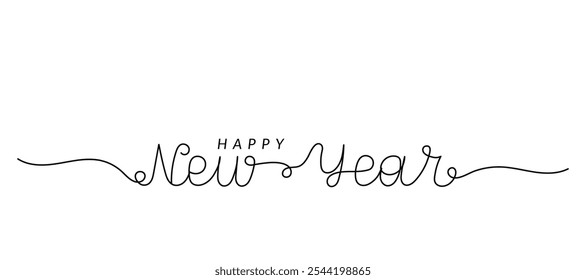 Creative hand drawn lettering displays the cheerful greeting Happy New Year in one continuous style art. Design features playful flourishes that enhance the festive message, perfect for celebrating.