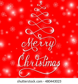 Creative hand drawn Merry Christmas lettering made in vector with Christmas tree design and snowflakes.