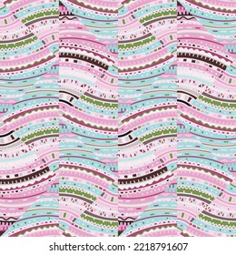 Creative hand drawn ornament in folk style. Tribal lines mosaic seamless pattern. Abstract geometric ethnic tile. Design for fabric, textile print, wrapping paper, cover. Vector illustration