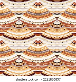 Creative hand drawn ornament in folk style. Tribal lines mosaic seamless pattern. Abstract geometric ethnic tile. Design for fabric, textile print, wrapping paper, cover. Vector illustration