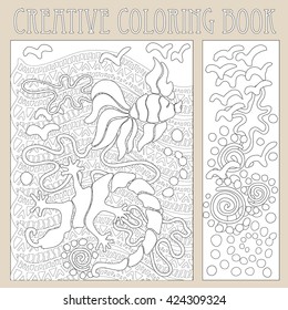 Creative hand drawn page with abstract linear doodles. Ocean waves, seaweeds, fish, lizard and birds. Coloring book for adults and children.