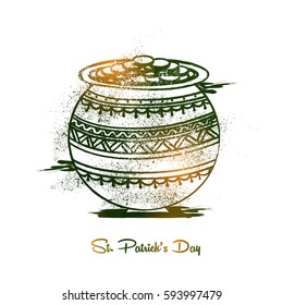 Creative hand drawn pot full of coins for Happy St. Patrick's Day celebration.