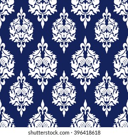 Creative hand drawn seamless damask pattern with bird drawing. Luxury Art Deco wallpaper collection. Floral motifs, bohemian elements, royal lilies. White on dark blue.