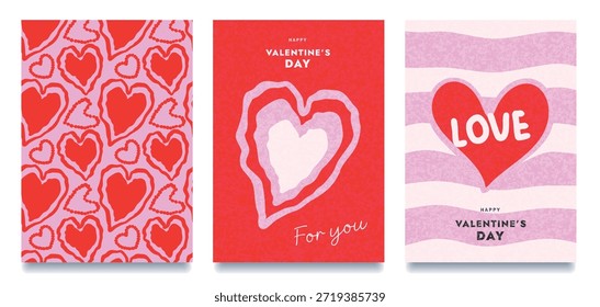 Kreatives handgezeichnetes Kartenset für Valentinstag-Feier, 14. Februar, strukturierter Valentinstag-Hintergrund, Vektorgrafik