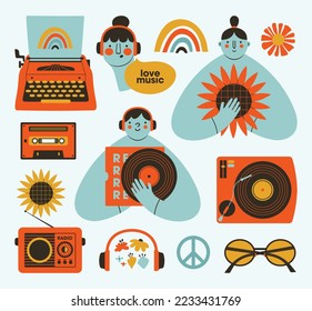 Kreative handgezeichnete Set von Retro-Objekten und Menschen in flachem Stil.Clipkunst von Schreibmaschine, Vinyl, glückliche Person in Ohrhörern, Radio, Schallplattenspieler, Regenbogen.Liebe für Retro, Musik, Frieden, 60er Konzept. 