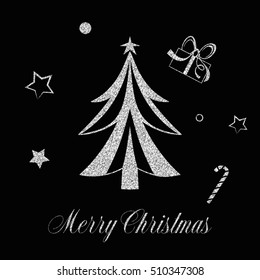 Creative hand drawn silver christmas tree over beautiful magic winter background vector illustration.