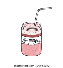 Creative hand drawn sketch of berries mix and ice cream smoothie in glass with straw. Vector illustration used for banner, poster, bar, cafe or restaurant menu