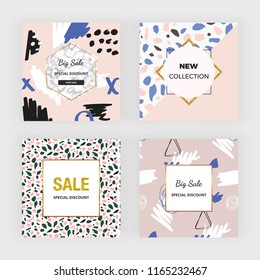 Creative hand drawn social media banner. Modern promotion fashion design with colors brush strokes and dots. Template for mobile apps, card, flyer, invitation, poster, birthday, wedding, party
