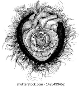 Creative hand drawn style of heart and flower illustration line art
