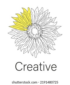 Creative hand drawn sunflower logo. Flat black outline flower icon. 