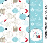 Creative Hand Drawn textures, marine theme design. Set of vector seamless patterns. For birthday, anniversary, party invitations, scrapbooking, T-shirt, cards. Vector illustration. Red, blue and beige