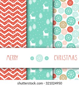 Creative Hand Drawn textures. Set of vector seamless patterns. For Christmas, wedding, birthday, anniversary, Valentine's day, party invitations. Turquoise and Pink. Snow. Chevron. Deer. 