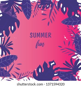Creative hand drawn textures. Tropical Bright Blue leaves on trendy pink background. Vector. Contemporary art. 