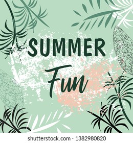 Creative hand drawn textures. Tropical Bright Blue leaves on trendy pink background. Vector. Contemporary art. 