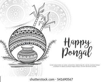 Creative hand drawn traditional pot with decorated Frame & sugarcane on floral background for pongal south indian harvesting festival.
