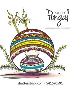 Creative hand drawn traditional pot with decorated Floral Frame & sugarcane on isolated background for Pongal south indian harvesting festival.