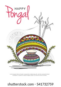 Creative hand drawn traditional pot with decorated Frame & sugarcane on floral background for pongal south indian harvesting festival.