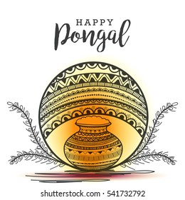 Creative hand drawn traditional pot with decorated Floral Frame & Stylish lettering on isolated background for pongal south indian harvesting festival.