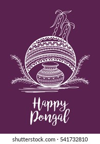 Creative hand drawn traditional pot with decorated Floral Frame background for Pongal south indian harvesting festival.