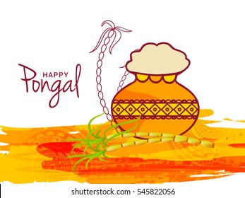 Creative hand drawn traditional pot with grunge background for Pongal south indian harvesting festival greeting card.