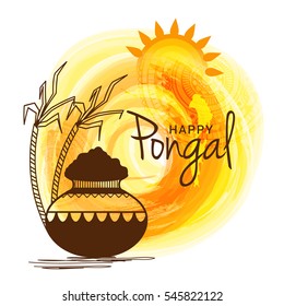 Creativa olla tradicional con fondo de grunge para la tarjeta de bienvenida del festival de cosecha indio Pongal sur.