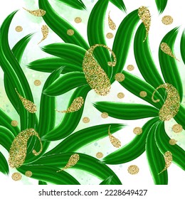 Creative hand drawn tropical seamless pattern. Floral watercolor beautiful background. Repeat leafy vector background. Glittery Paisley flowers, polka dots, circles, leaves. Tropic leaves ornaments.