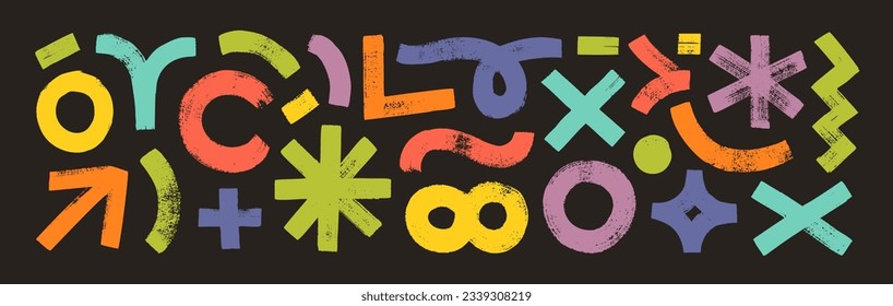 Creative hand drawn various shapes and doodle objects in grunge style. Bold brush drawn colorful circles, asterisk, infinity sign, x, arrow, wavy and squiggle lines. Naive playful vector shapes.