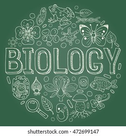 Creative hand drawn vector Biology background with doodle icons arranged in a circle. Vector illustration isolated on background