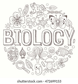 Creative hand drawn vector Biology background with doodle icons arranged in a circle. Vector illustration isolated on background