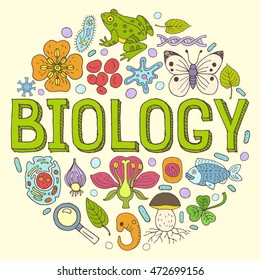 Creative Hand Drawn Vector Biology Background With Doodle Icons Arranged In A Circle.