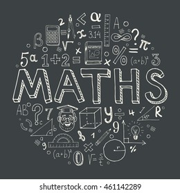Creative hand drawn vector maths background with doodle icons arranged in a circle. Vector illustration isolated on background.