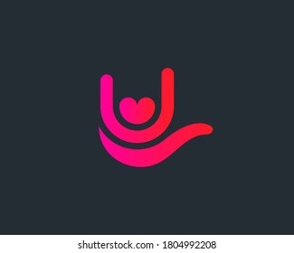 Creative hand fingers sign of the horns arm gesture logo design vector template. Abstract heart rock festival rock-n-roll emblem logotype concept outline icon isolated on dark background.