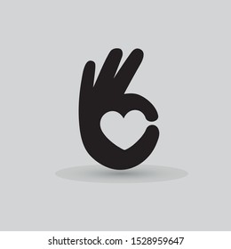 Creative hand and heart shape abstract logo design.Hand Ok symbol icon.Happy Valentines day symbol.Vector illustration