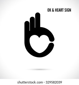 Creative hand and heart shape abstract logo design.Hand Ok symbol icon.Corporate business creative logotype symbol.Vector illustration