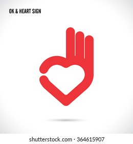 Creative hand and heart shape abstract logo design.Hand Ok symbol icon.Happy Valentines day symbol.Vector illustration