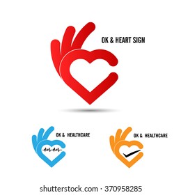 Creative hand and heart shape abstract logo design.Hand OK symbol icon.Healthcare and medical icon. Happy Valentines day symbol.Vector illustration