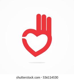 Creative hand and heart shape abstract logo design.Hand Ok symbol icon.Happy Valentines day symbol.Vector illustration
